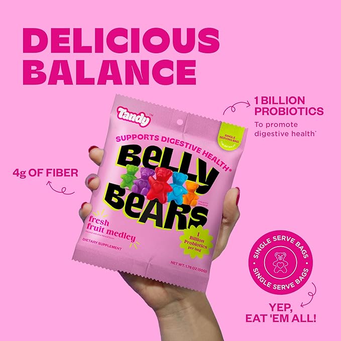 Tandy Belly Bears Fiber & Probiotic Gummies I Daily Digestive Health Gummies for Gut Health with Fresh Fruit Medley Flavor I Gluten-Free Gummy Bears I Fast-Acting Dietary Supplement Gummy I 6-Pack