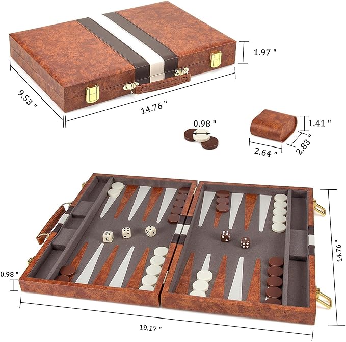 AMEROUS Backgammon Set, 15 Inches Classic Board Game with Leather Case, Folding Board, Gift Package, Portable Travel Strategy Backgammon Game Set for Adults, Kids (Medium, Brown)