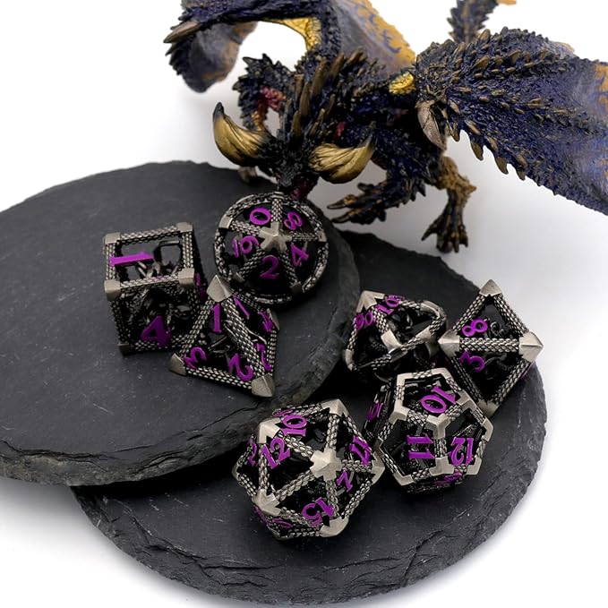 DND Dice for Dungeons and Dragons Polyhedral Dice Set Metal Role Playing D&D Dice HNCCESG Hollow Cthulhu Gaming for Table Game RPG (Purple Number)