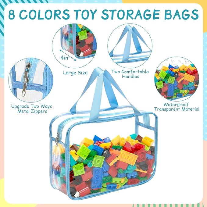 8 Packs 8 Colors Large Toy Storage Bags with Zipper and Labels, Clear PVC Waterproof Toy Organizers Bags for Board Games, Puzzles Pieces, Building Blocks, Handmade Accessories, Kid Books