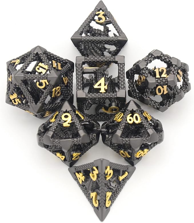 D&D Dice, HNCCESG Metal Dice Set Polyhedral Hollow Role Playing D and D Starter Dice for RPG MTG Table Board Games (3D Black)