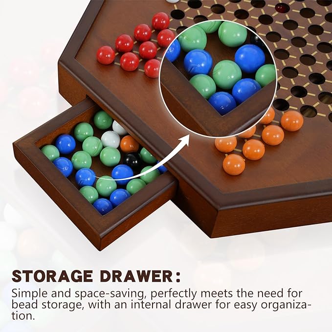 15" Large Upgraded Wooden Chinese Checkers Game Board โ Premium 16mm Glass Marbles (60 + 12 Extras), Easy Grip, Storage Drawer, Ideal Multi-Player Puzzle Game for 2-6 Players