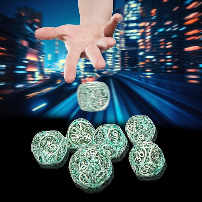DND Dice,Hollow D&D Metal Dice,Unique Round Ball Design Octopus Dice with Gift Box for Dungeons & Dragon Gaming,7 PCs Steampunk Polyhedral D and D Dic(Octopus Green)