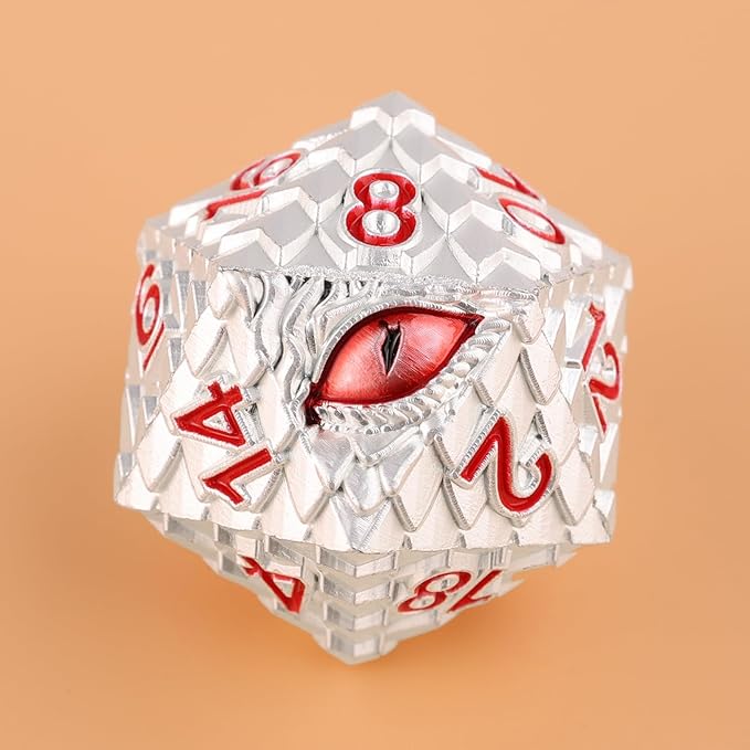 Metal Dice Set D&D,7 PCS Dragon Scale Metallic DND Dice Set,Dragon Eye Metal Dice with Gift Metal Box for Dungeons and Dragon Tabletop Game (White Dragon Scale & Red Eye)