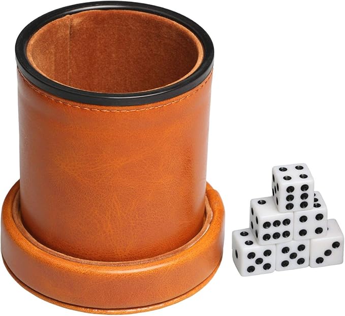 Leatherette Dice Cup with Lid includes 6 Dices, Velvet Interior Quiet in shaking for Liars Dice Farkle Yahtzee Board Games, Brown