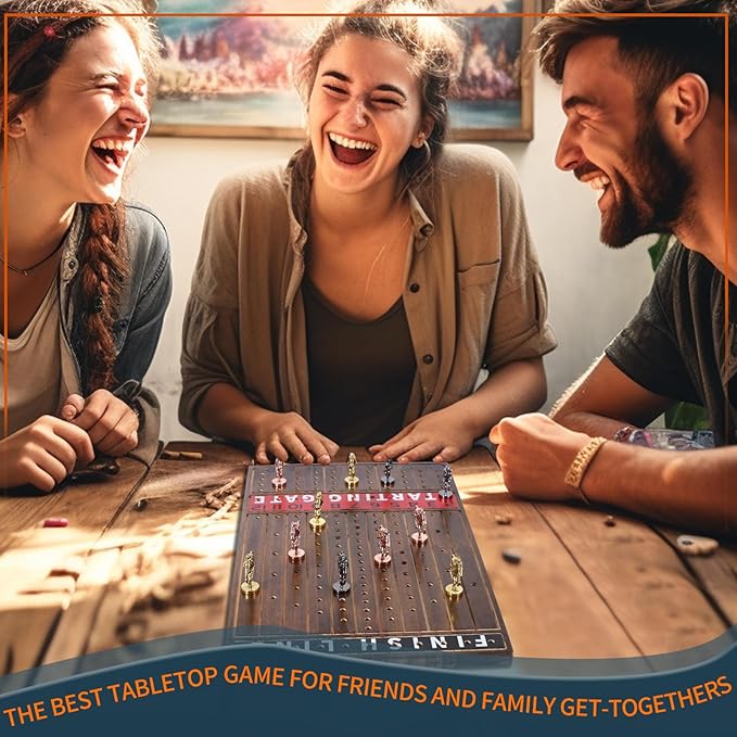 Horse Race Board Game with 11 Luxurious Durable Classic Metal Horses with 4 Dice and 2 Boxes of CardsThickened Solid Wood Horse Racing Dice Game (Rustic Brown)