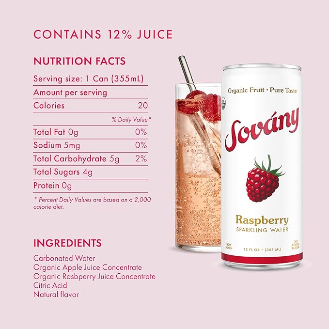 Sovány Sparkling Water, Raspberry, Seltzer Water Drinks, USDA Organic, Made With Real Fruit, Non-GMO, Vegan, No Added Sugar, Low Calorie, 12 fl oz, 12 Pack
