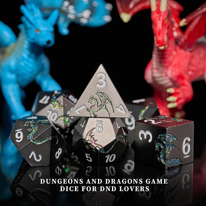 D&D Dice Set Metal Dragon Polyhedral DND Dice Set with Dragon Gift Box for Game Dice Dungeons and Dragons TTRPG(Black with Glitter Green Dragon)