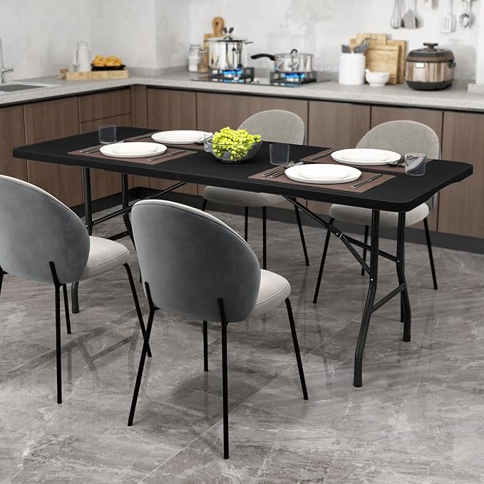 Goplus 6ft Plastic Folding Table, 350 LBS Outdoor Heavy Duty Folding Tables with HDPE Tabletop, Handle, Lock, Foldable Rectangle Portable Utility Card Table for Picnic, Party, Camping, Dining