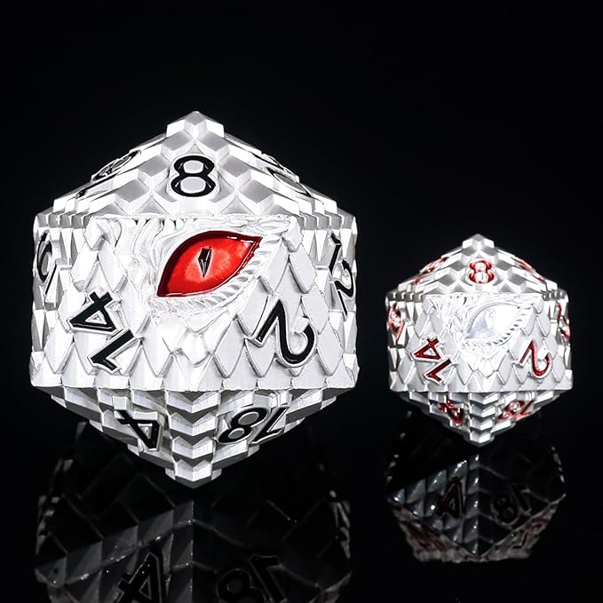 Metal D20 DND Dice Set - Dragon Scale Metallic 20 Sided Giant Polyhedral Dice,35mm Large Dragon Eye Metal D&D Dice Set for Dungeons and Dragon Tabletop Game(White Dragon Scale)