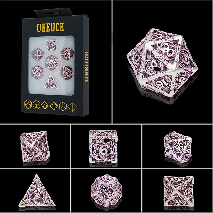 DND Dice,Hollow D&D Metal Dice,Dungeons and Dragons Dice Set with Gift Box,7 PCs Steampunk Polyhedral Dice Games Set for RPG,MTG,Pathfinder(Dragon Purple 1)