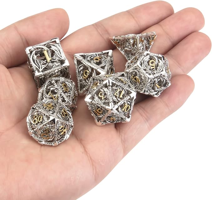 DND Dice,Hollow D&D Metal Dice,Dungeons and Dragons Dice Set with Gift Box,7 PCs Steampunk Polyhedral Dice Games Set for RPG,MTG,Pathfinder,(Dragon Silver Golden)