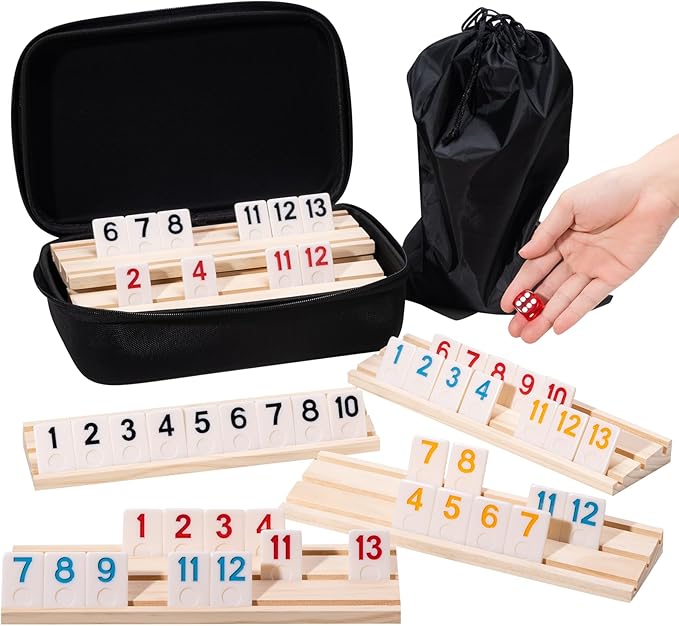 Rummy Cube 6 Player with 6 Wooden Racks, 160 Tiles, Portable Travel Game Set for Family Game Night, Travel Case, Drawstring Bag