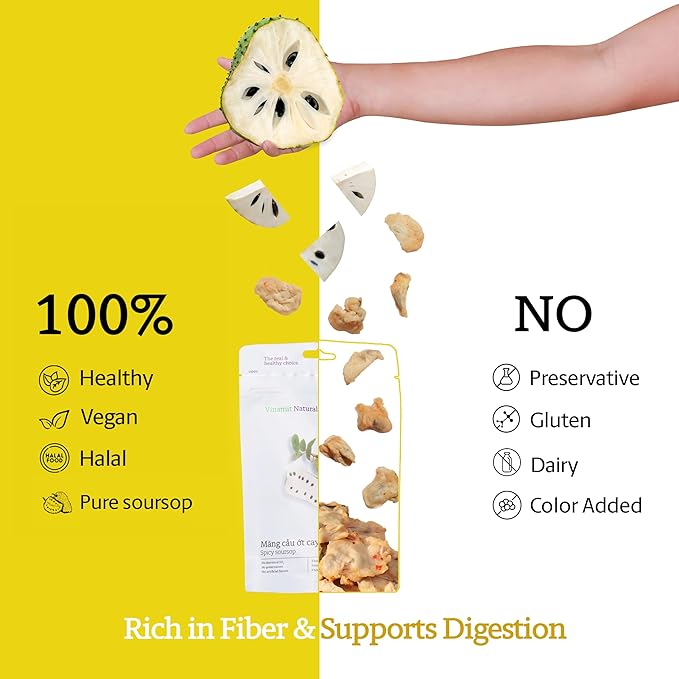 Vinamit Soft Dried Spicy Soursop | 3.5 oz Bag | Spicy Tropical Fruit Snack | Vegan, Gluten-Free, No-GMO | High in Fiber | Ideal for Travel & Healthy Snacking