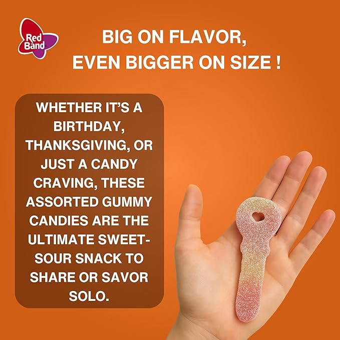 Red Band Candy, Sour Keys - Gummy Candies Jumbo Sour Suckers - Chewy, Fruity Gummies Bulk - Vegan, Natural Flavors, Plant Based Colors, Key Shaped, Dutch Candy & Snacks, Family Sharing Bag - 35.2 oz