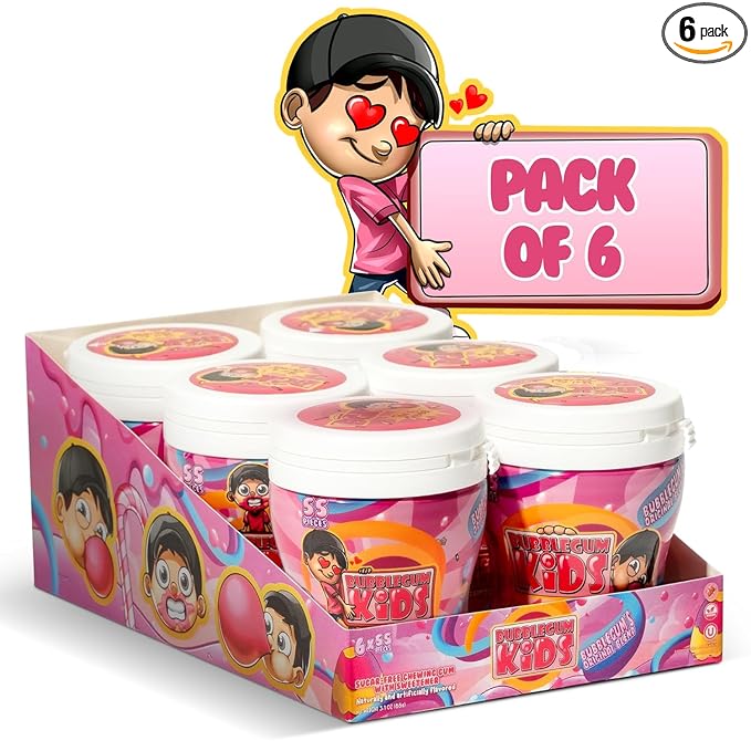 Bubblegum Kids Sugar-Free Gum - Classic Bubblegum Flavor Sugar Free - Bubble Gum for Kids and Adults Craving Nostalgia - Vegan and Kosher Friendly, Parent Approved - Pack of 6