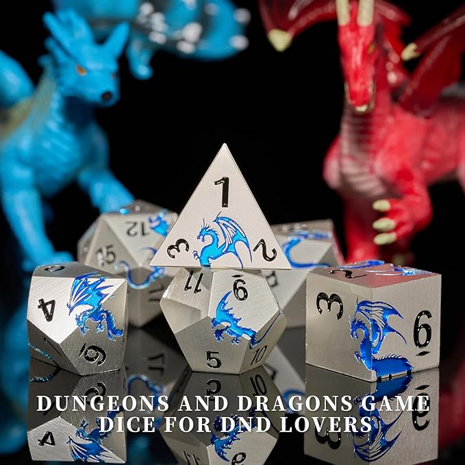Metal DND Dice, HNCCESG Dragon Metallic D&D Dice Set 7 PCS for Dungeons and Dragon TTRPG Games, Polyhedral RPG Dice Set with Gift Box(Matte Silver Blue)