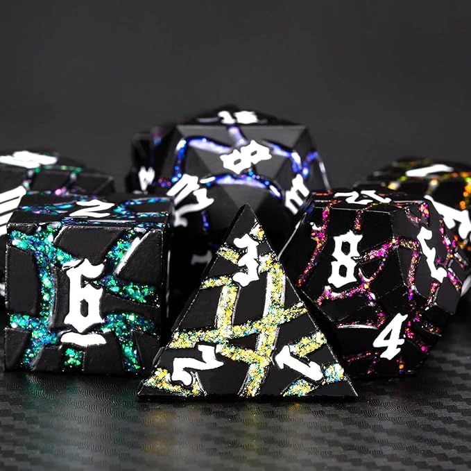 Dice Set D&D,Dungeons and Dragons Metal Dice Set with Box, Crack Glitter Polyhedral Dice for Role Playing Game (Matte Black 7 Colors)