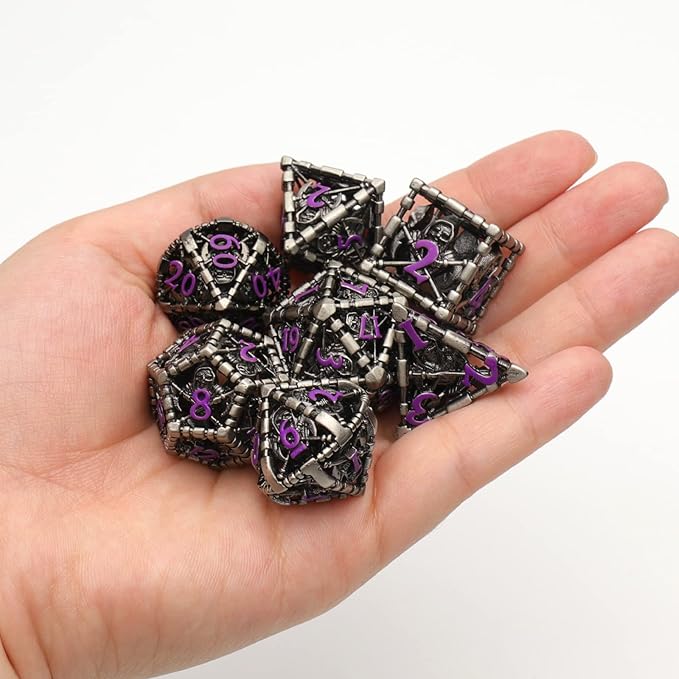 Hollow Grim Reaper Metal Polyhedral Dice Set - Purple Numbered D&D, Pathfinder, Warhammer, Shadowrun Gaming Dice