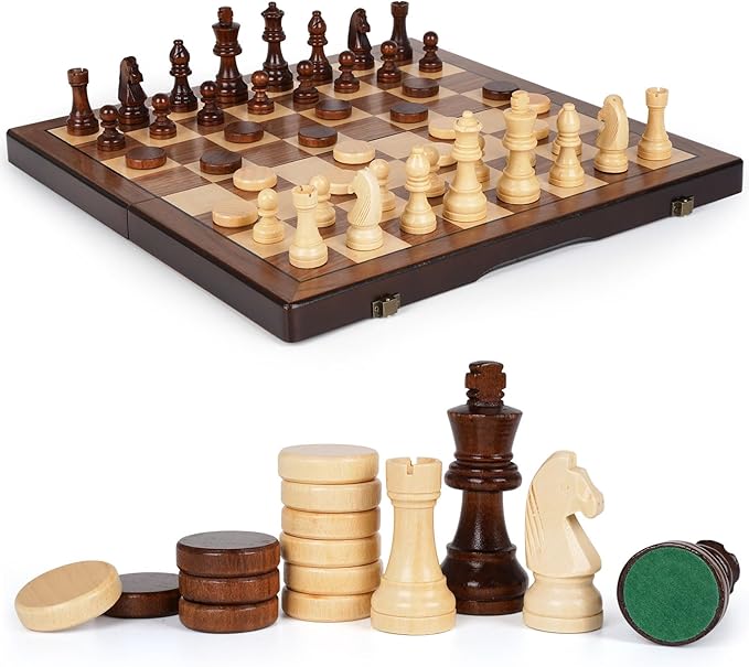 2 in 1 Magnetic Chess Set and Checkers Board Game Set 15" Wooden Folding Chess Board with 2 Extra Queens Travel Chess Sets Family Board Game Gift for Kids, Adults Portable Elegant Classic Chess Game