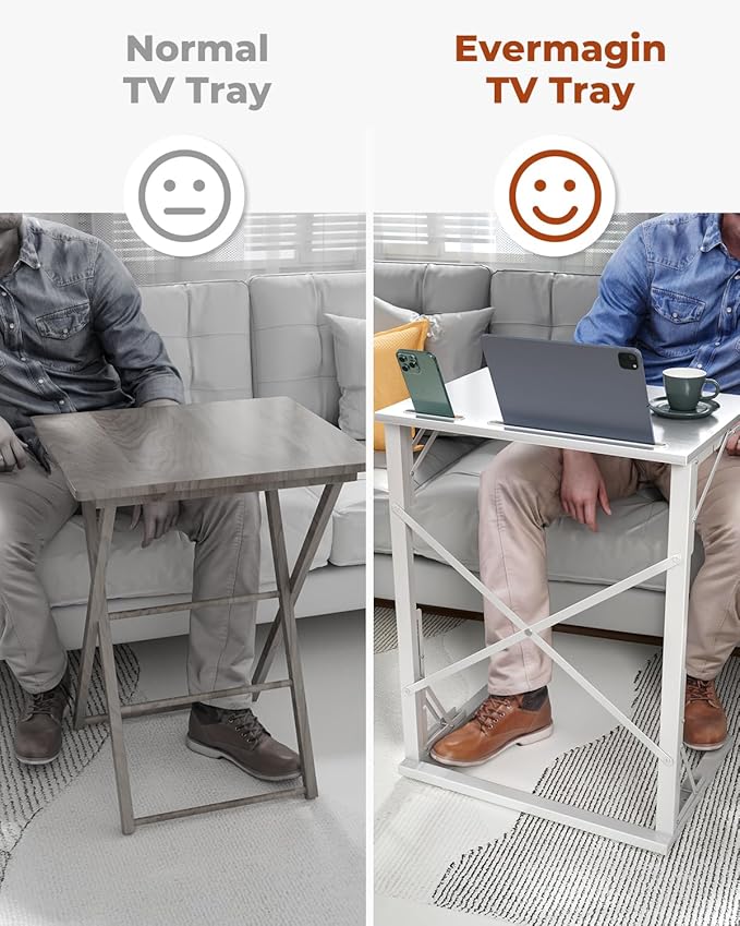 21''Wx28''H Folding TV Tray for Eating, Small Foldable C-Shaped Tray Table with Tablet and Phone Slots, Slide Under Couch Side Table for Recliner, Living Room, Bedroom, White