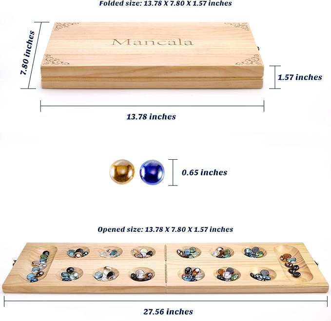 AMEROUS Wooden Mancala Board Game Set - Upgraded Larger Size - 72+8 Bonus Multi Color Glass Stones - Folding Board - Gift Package -Instructions, Portable Board Game for Adults, Kids