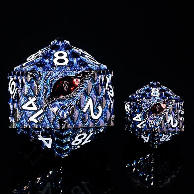 Metal D20 DND Dice Set - Dragon Scale Metallic 20 Sided Giant Polyhedral Dice,35mm Large Dragon Eye Metal D&D Dice Set for Dungeons and Dragon Tabletop Game(Blue Glitter Dragon Scale)