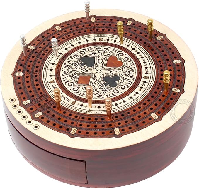 Round Shape 3 Track Non-Continuous Cribbage Board - Push Drawer Storage for Pegs and 1 Deck of Cards with Score Marking Fields for Won Games (Maple Wood/Bloodwood)