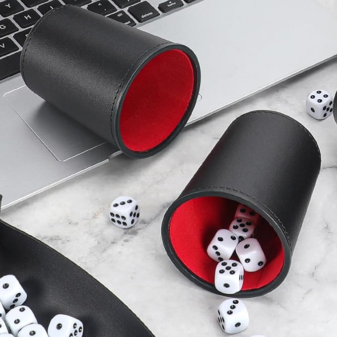 5X Dice Cup Set, PU Leather Dice Shaker Cups with 30 Dices for Bar Party Yahtzee Farkle Dice Games, Coffee (5, Black Red)