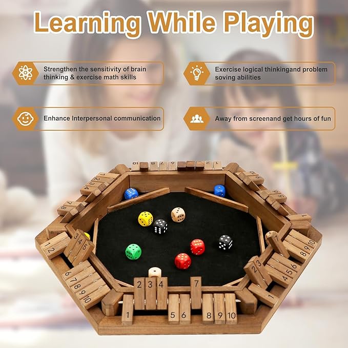 Exqline Shut The Box Game for 2-6 Players, Wooden Board Table Math Game with 14 Dice, 6 Way Classic Puzzle Board Games for Home Classroom or Pub