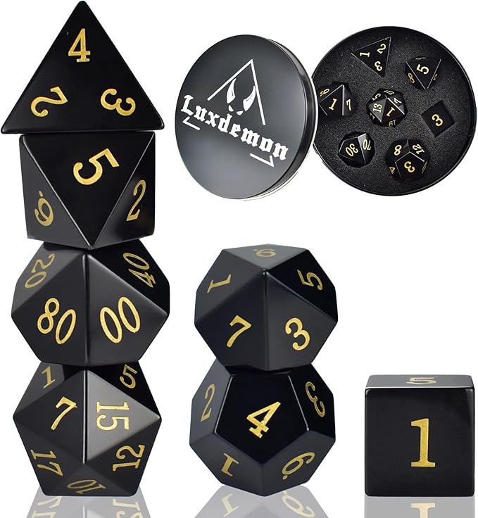 Gemstone DND Stone Dice Sets D&D 7 Pcs Polyhedral Dice Set Handmade Obsidian Gem Stone Dice Set Natural Gemstone Dice Sets with Metal Case for Dungeons and Dragons RPG MTG Tabletop Games