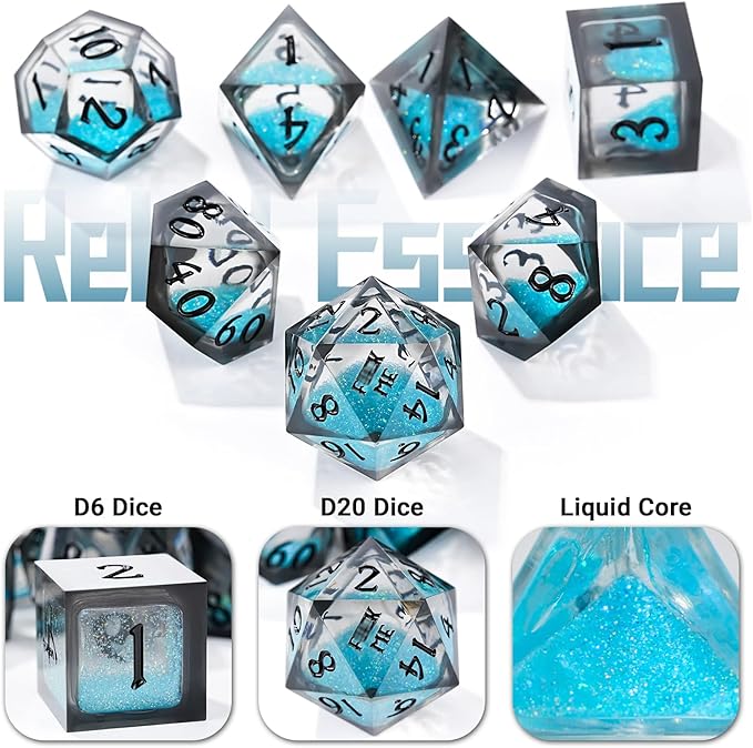 DND Dice Set - Handcrafted Liquid Core Sharp Edge 7-Die Resin Dice with Colorful Quicksand Effect,for DND, RPG, MTG, Tabletop Games(Rebel ESSENC)