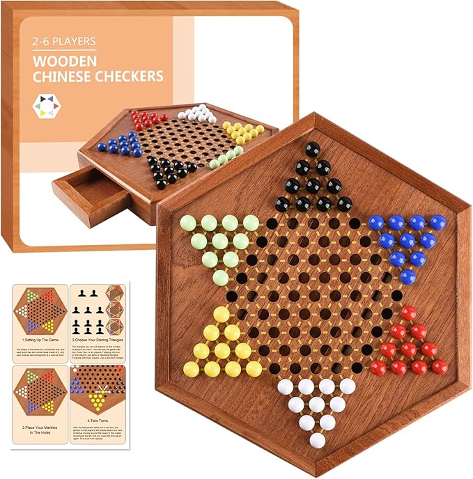 Wooden Chinese Checkers with Drawers 12 Bonus Spare Marbles| Natural Wooden Board Game| Includes 60 Colorful Acrylic Marbles | Family Board Game for Kids and Adults(12.7 Inches)