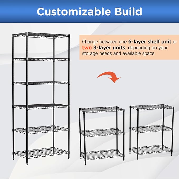 FDW 6-Shelf Adjustable,Storage Shelves Wire Shelving Shelving Unit Metal Shelves Storage Shelf,13" D x 23" W x 59" H,Black