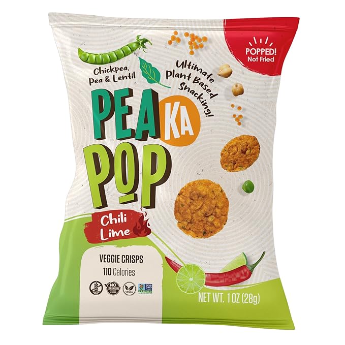 PeaKaPop Veggie Chips – Plant-Based, Healthy Veggie Crisps with Pea, Lentil & Chickpea Protein – Vegan, Gluten-Free, Popped Chips – Snack Size for Kids & Adults – 1 oz Bags (15-Pack) – Chili Lime