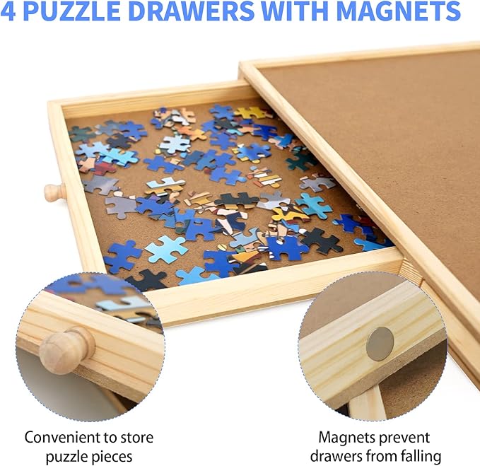 WOOD CITY Puzzle Board, 1000 Piece Wooden Jigsaw Puzzle Board with Drawers, 30” x 22” Portable Puzzle Table with Covers and Lazy Susan, Rotating Jigsaw Puzzle Table for Kids and Adults