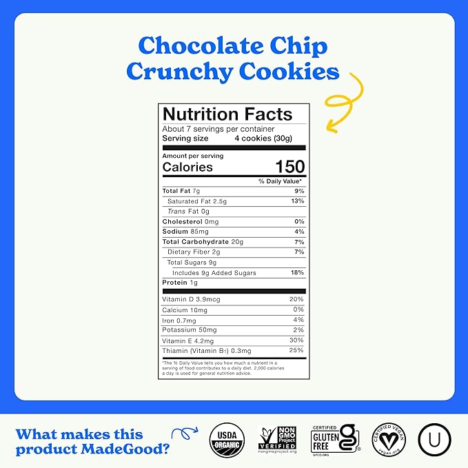 MadeGood Chocolate Chip Crunchy Cookies, 7 Ounce (6 Pouches) Organic and Gluten Free Snacks