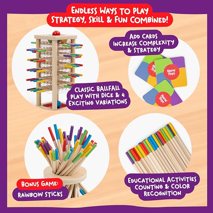 Nene Toys BALLFALL - Montessori Wooden Board Game for Kids Ages 3-9 โ Educational Toy for Fine Motor Skills & Logical Thinking โ Classic Family Tower Game with Colorful Sticks, Dice & Cards