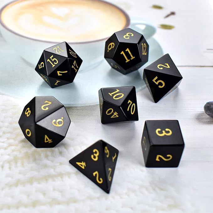 Gemstone DND Stone Dice Sets D&D 7 Pcs Polyhedral Dice Set Handmade Obsidian Gem Stone Dice Set Natural Gemstone Dice Sets with Metal Case for Dungeons and Dragons RPG MTG Tabletop Games