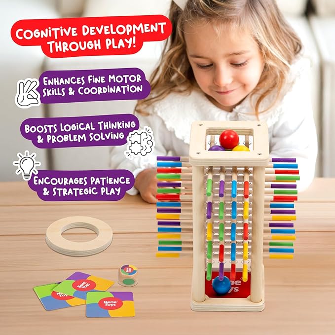 Nene Toys BALLFALL - Montessori Wooden Board Game for Kids Ages 3-9 โ Educational Toy for Fine Motor Skills & Logical Thinking โ Classic Family Tower Game with Colorful Sticks, Dice & Cards
