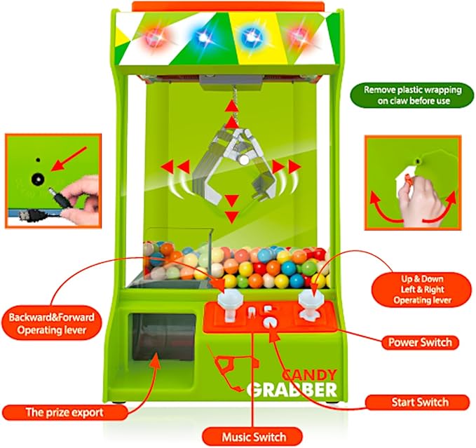 POCO DIVO Claw Machine Arcade Grabber, Plushies Gift Candy Prize Figures Capsules Dispenser, Flashing Lights Adjustable Game Music, Battery USB Power Crane, Kids Boys Girls Classic Treats Vending Toy