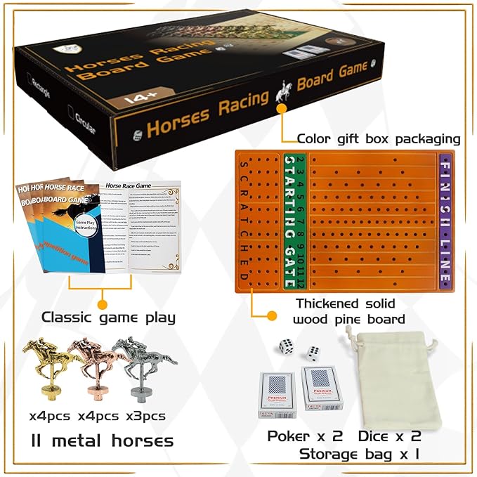 Horse Race Board Game Racing Game Thickened Solid Wood with 11 Luxurious Durable Classic Metal Horses with 4 Dice and 2 Boxes of Cards Horse Racing Game (Red Peach, Rectangle