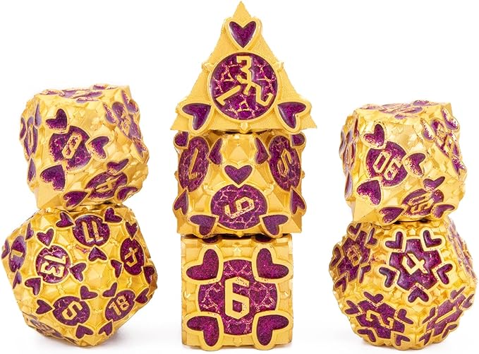 DND Metal Dice 7pcs DND dice Set Box for Dungeons and Dragons MTR PRG Tabletop Games (Gold-Purple)