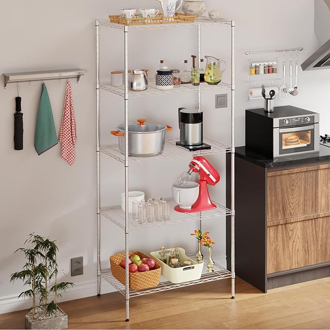 Large Wire Shelving Unit 5-Tier Metal Storage Shelves Heavy Duty Garage Shelving Adjustable Storage Shelf Rack with Leveling Feet for Home Kitchen Garage, 14" Dx23.8 Wx60 H, Chrome