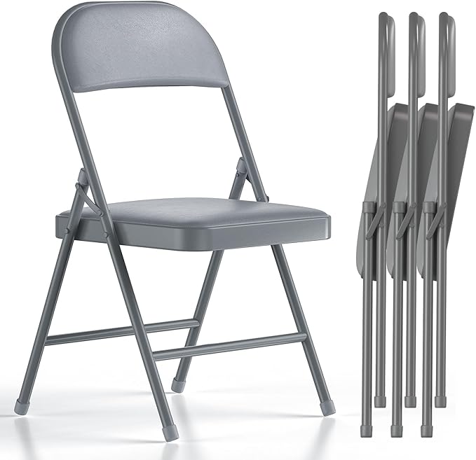 Nazhura 4 Pack Folding Chairs with Padded Vinyl Cushion Chairs with Comfortable Cushion and Durable Steel Frame for Home and Office, for Indoor and Outdoor Events (Grey Vinyl Padding 4 Pack)