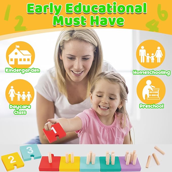 TEUVO Counting Pegs Board Montessori Toys for Kids Aged 3 4 5 6 Years Old, Wooden Early Math and Number Digital Plunger Manipulatives Materials Game for Toddlers Home Kindergarten Daycare Classroom