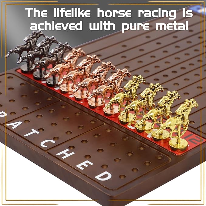 Metal Horse Race Board Game Racing Game Thickened Solid Wood with 11 Luxurious Durable Classic Metal Horses with 2 Dice and 2 Boxes of Cards Horse Racing Game (Walnut,Rectangle)