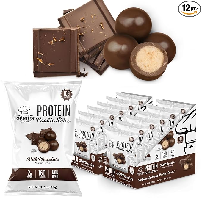 Genius Gourmet Protein Cookie Bites Milk Chocolate - 10g Protein, No Added Sugar, Low Carb, Non-GMO - Sweet Protein Desserts & Protein Snacks for Adults and Kids - 12 Bags