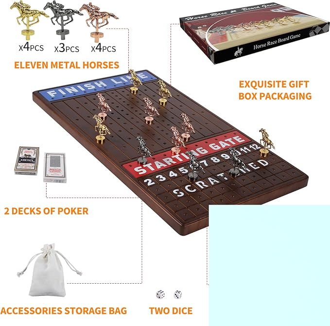 Large 21 inches Horse Racing Board Game Thickened Solid Wood with 11 Luxurious Durable Classic Metal Horses Including Dice and Cards Finish LINE Race Game Board (Large, Walnut)