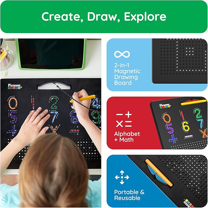 PicassoTiles 2-in-1 Magnetic Drawing Board Toy 12x10 inch Large Magnet Bead Tablet Pad with 2 Facings Alphabet+ Math STEM Free Style Educational Erasable Learning Writing Playboard in Black PTB02